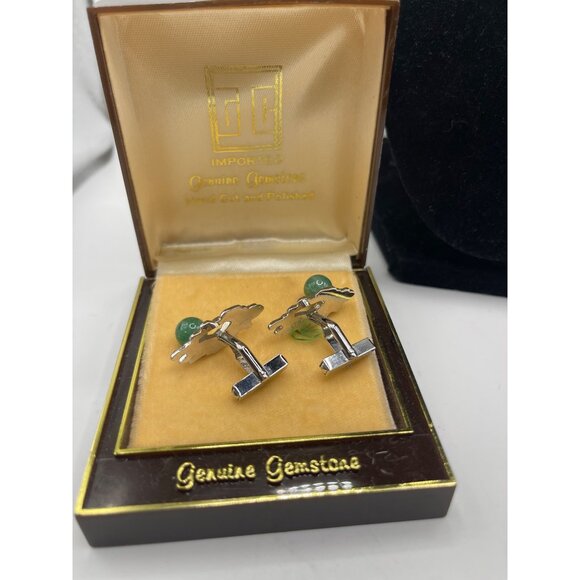 Vintage Alsten Cufflinks With‎ Genuine Green Gemstones In Original Box - Picture 7 of 8